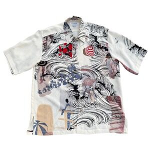 Citron Santa Monica Mens Silk Aloha Shirt Asian Wave Scene Print Size S